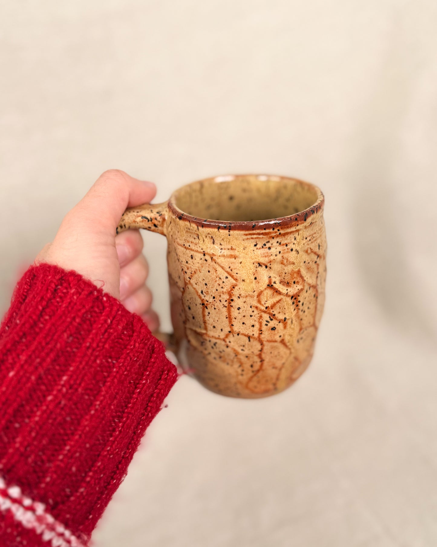 Hand holding a ceramic mug with a textured surface against a plain background