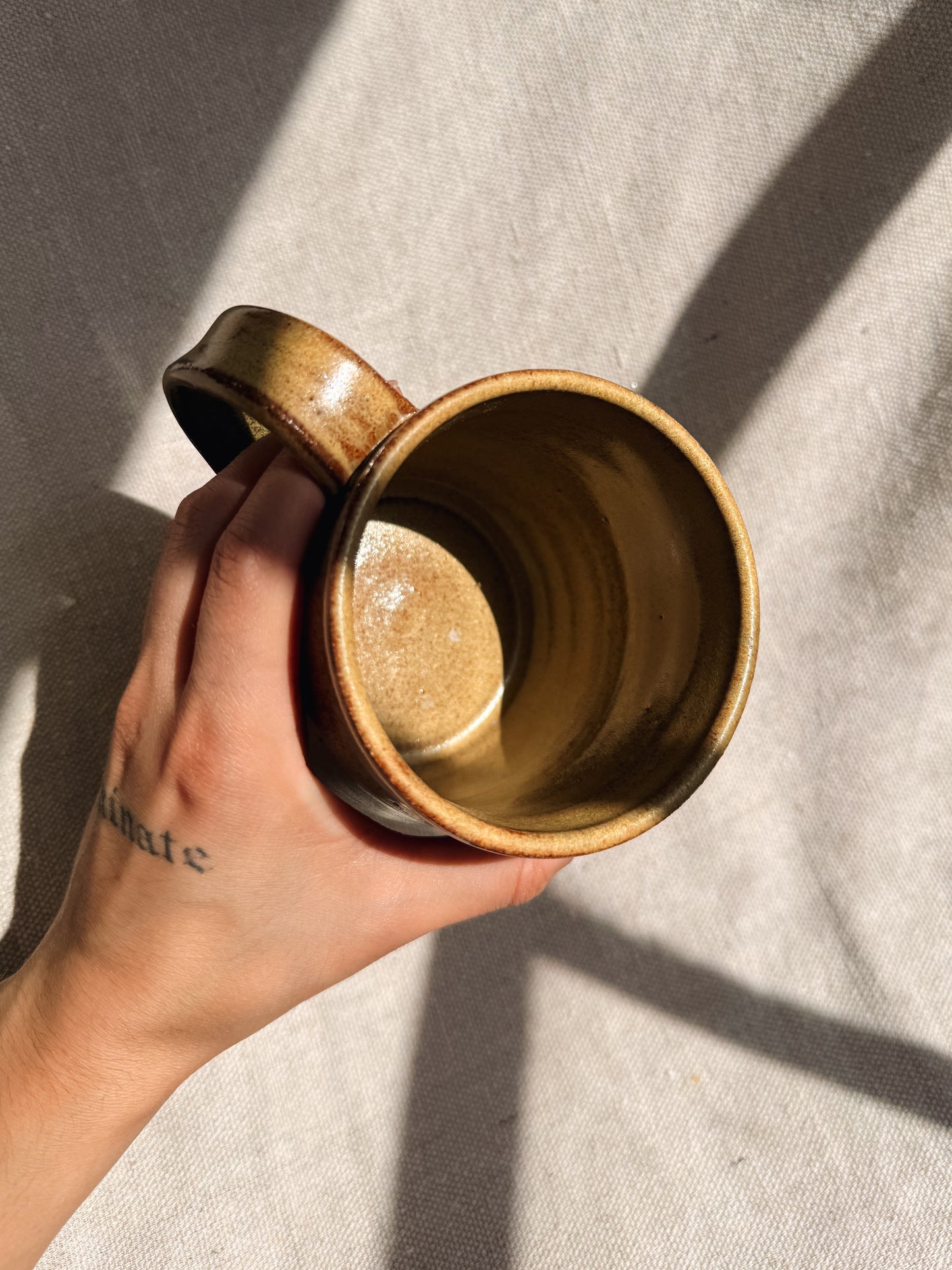 Hand holding a brown ceramic mug against a neutral background
