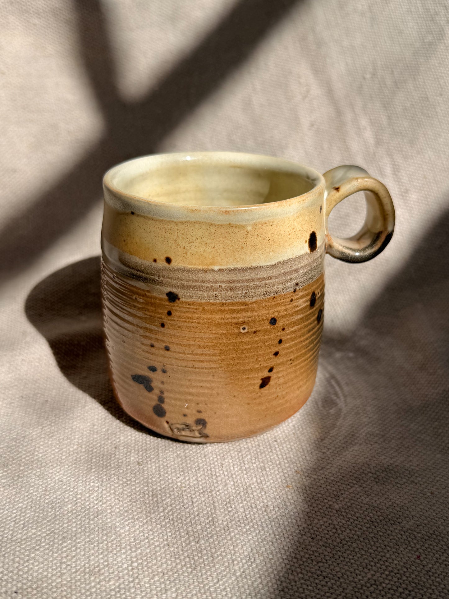 Ceramic mug with speckled glaze on a textured beige background