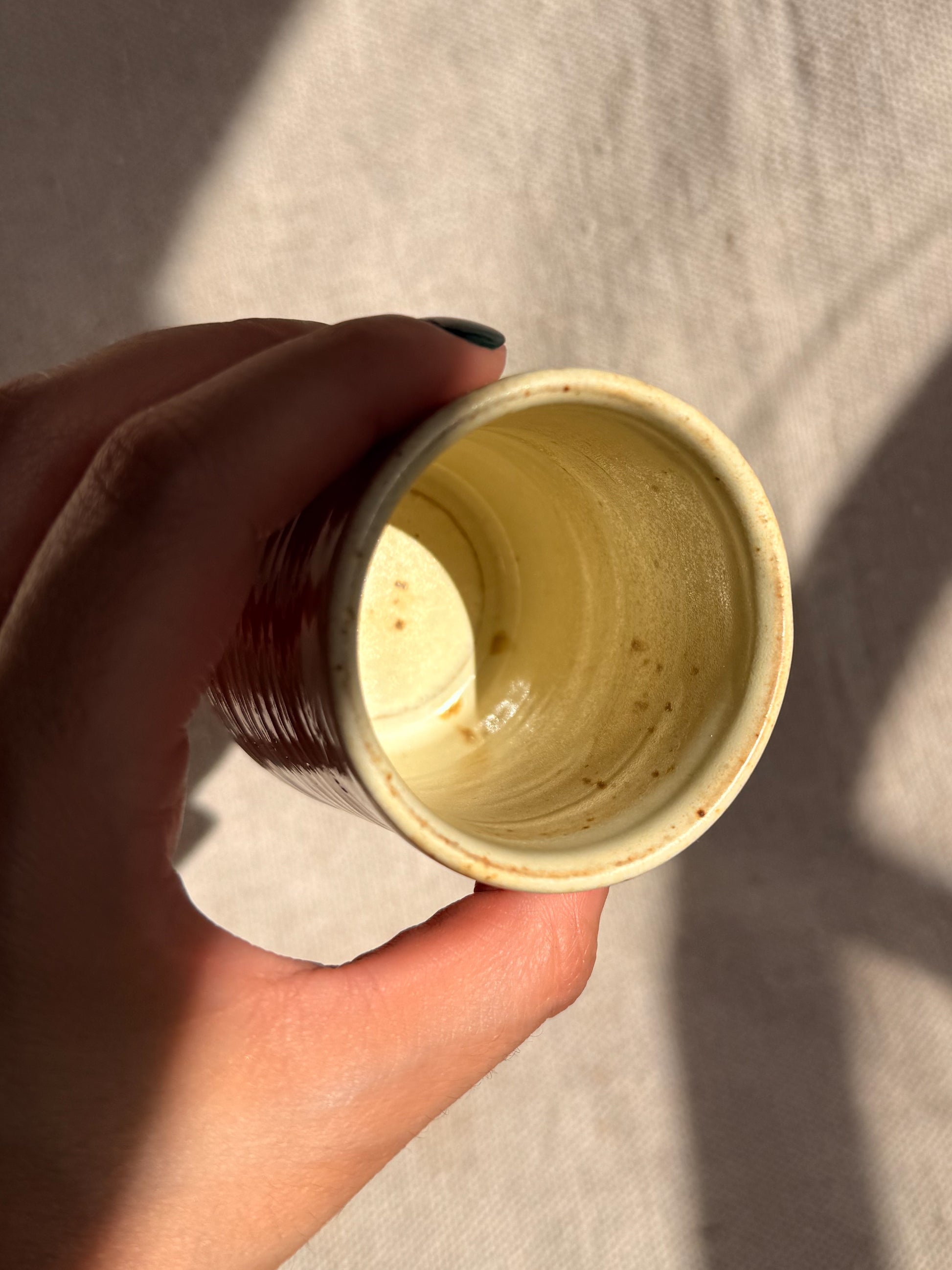 Hand holding a small yellow container against a neutral background