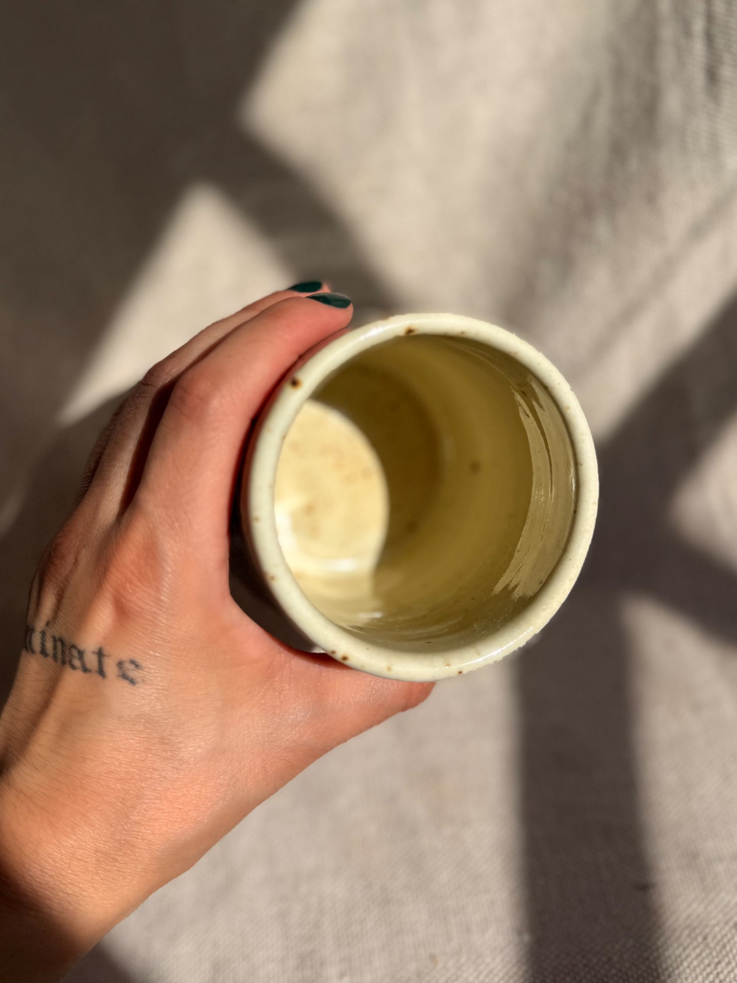 Hand holding a small white container against a neutral background