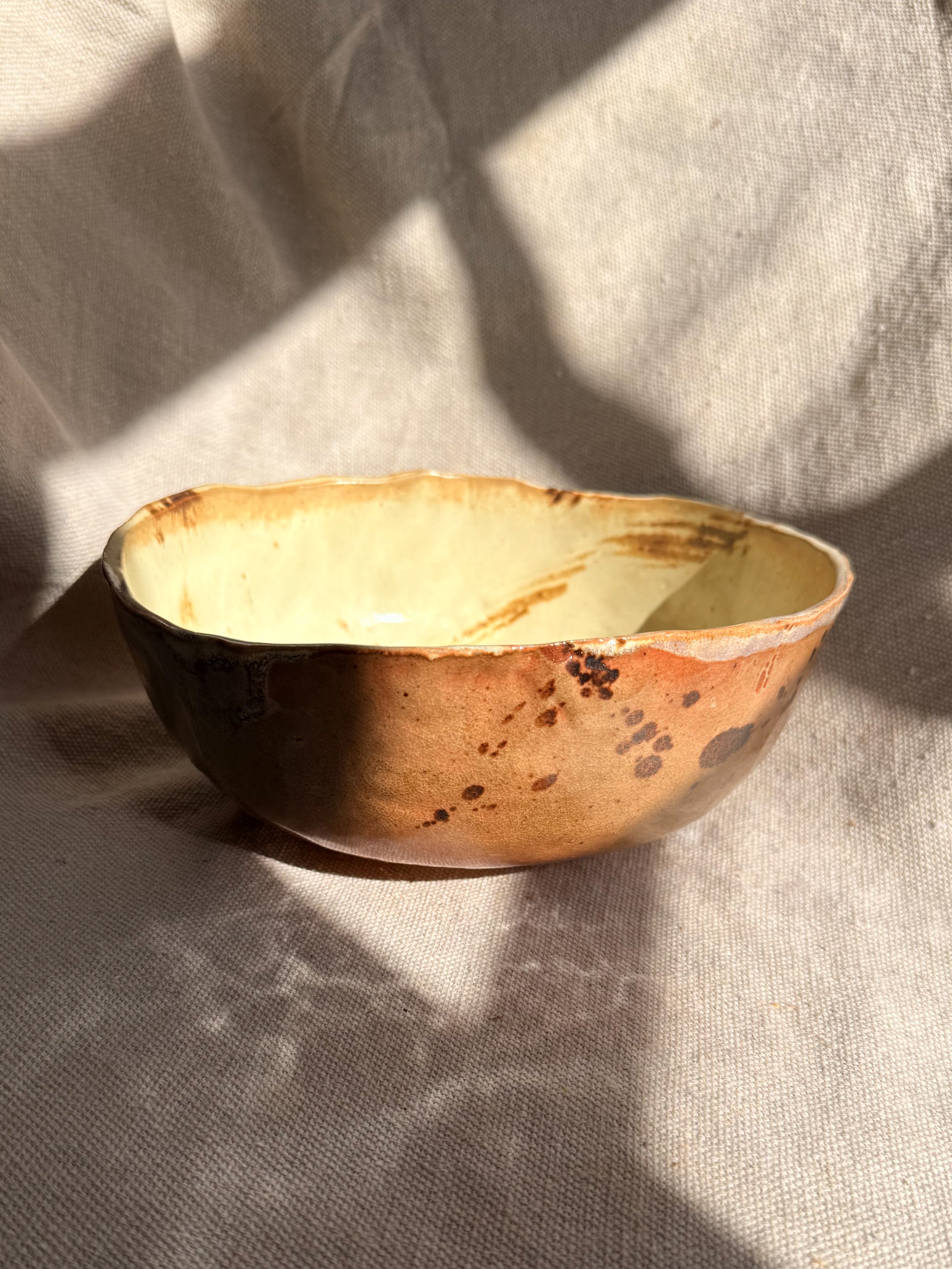 ceramic bowl with speckled glaze on a textured fabric background